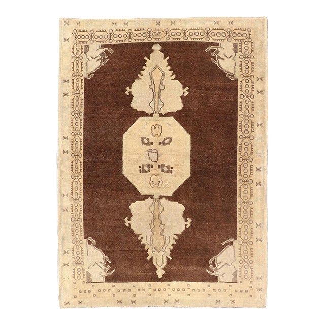 Vintage Turkish Oushak Rug, Brown Medallion With Taupe For Sale
