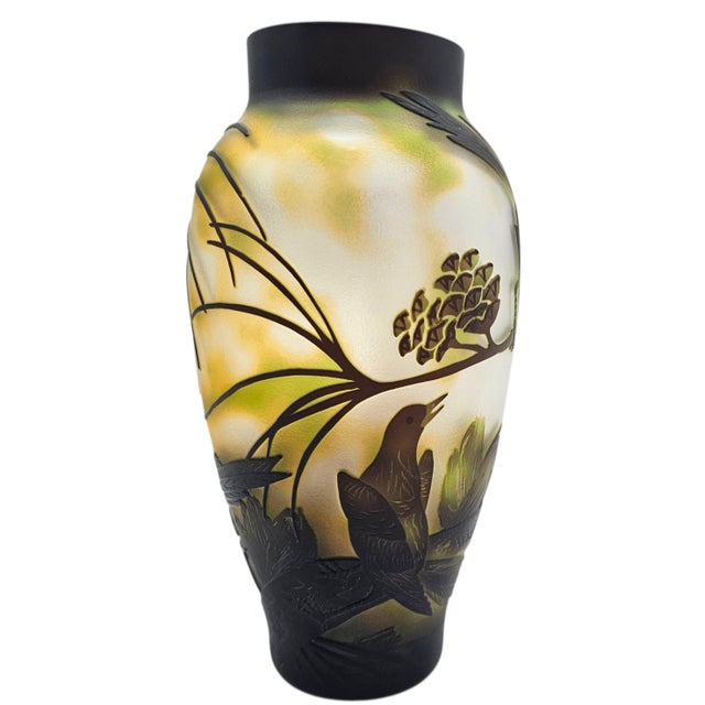Chinese Peking Cameo Overlay Glass Vase With Bird and Pine Tree Motif, Frosted Art Glass For Sale - Image 4 of 13