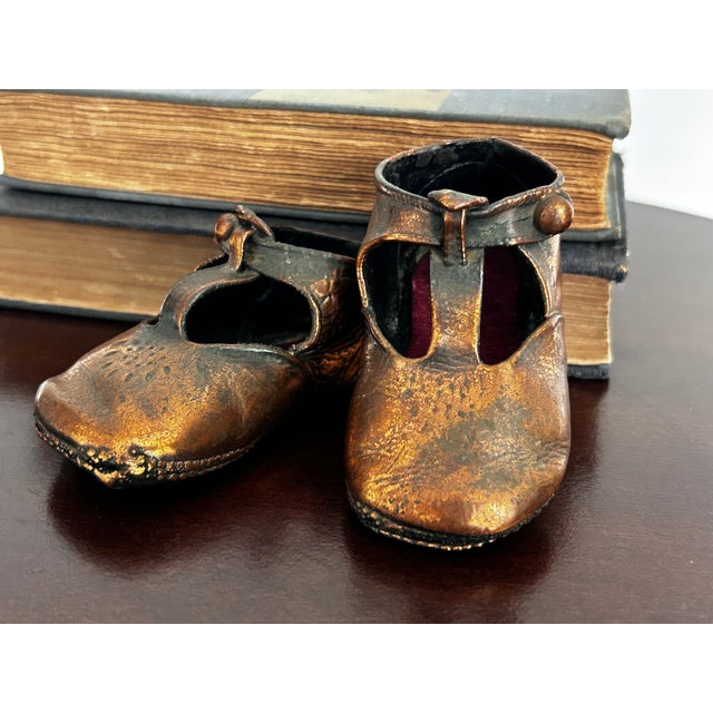 Vintage Pair Mid Century Modern Copper Plated Baby Shoes Nursery Decor For Sale - Image 9 of 14