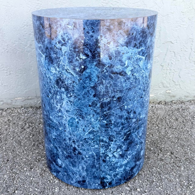 Postmodern Postmodern Faux Blue Marble Cylindrical Pedestal For Sale - Image 3 of 4