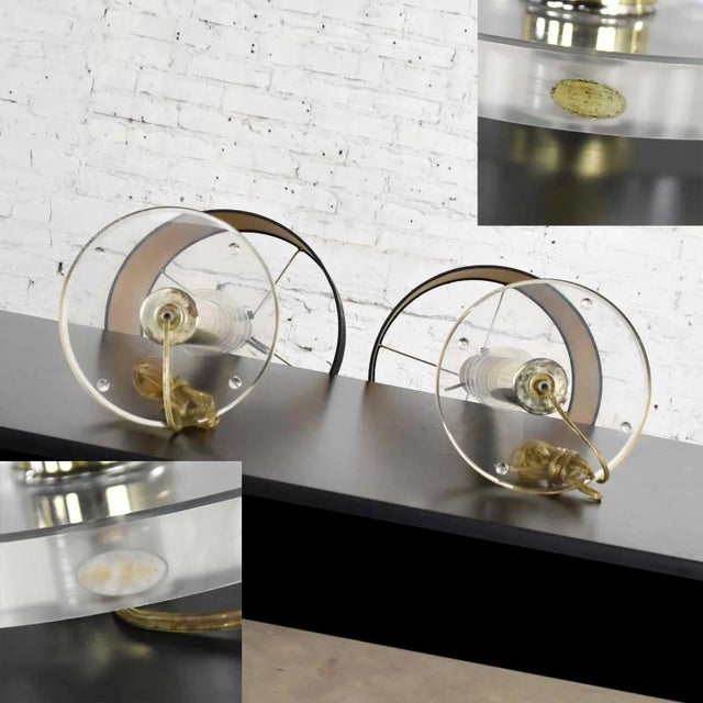 1970s 1970s Modern Hollywood Regency Lamps Lucite & Brass Plate Black With Shades Style Karl Springer - A Pair For Sale - Image 5 of 16