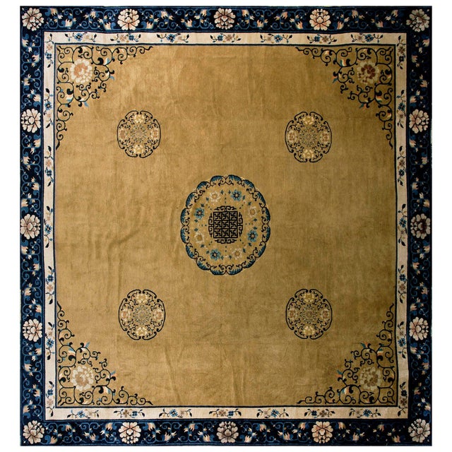 1890s Tan Camel Medallion Antique Chinese Peking Rug 13'4" X 14'0" Handknotted Wool Carpet For Sale - Image 10 of 10