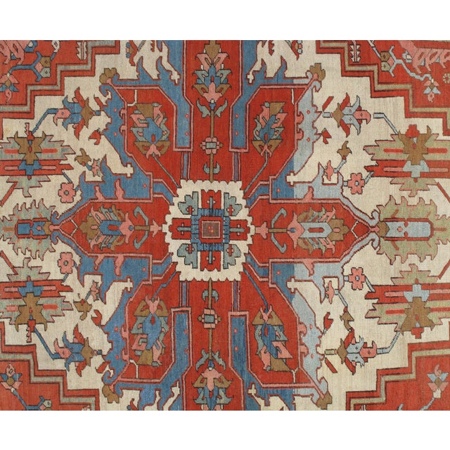 Red Antique Persian Serapi Carpet, Handmade Wool Oriental Rug, Rust, Ivory, Lit Blue For Sale - Image 8 of 17