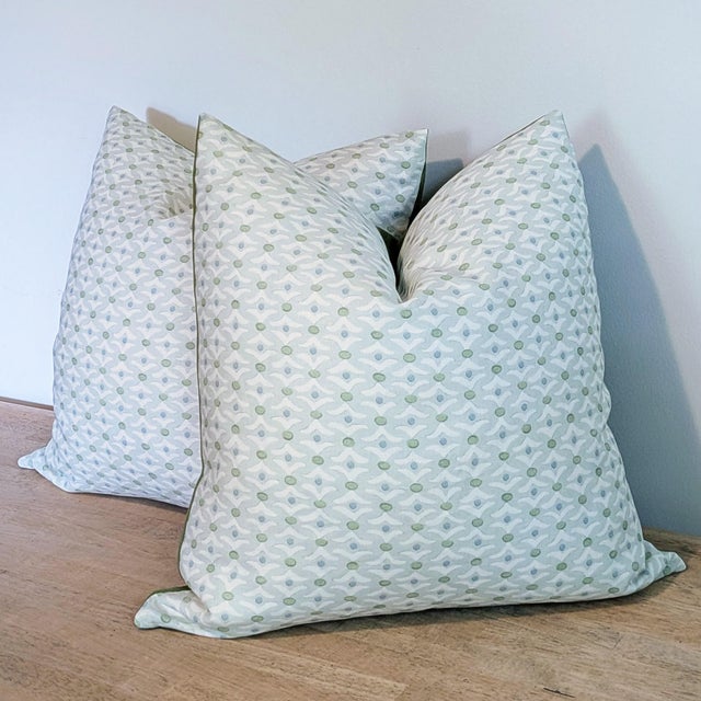 Galbraith & Paul Tusk hand print pillows in blues and green, colorway TK-217 Coordinating green linen backs, invisible...