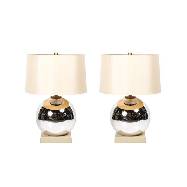 Lorin Marsh Modernist Mercury Glass Table Lamps With Leather Wrapped Bases by Lorin Marsh For Sale - Image 4 of 17