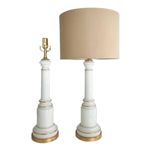 Pair Warren Kessler White Opaline Glass Mid-Century Table Lamps