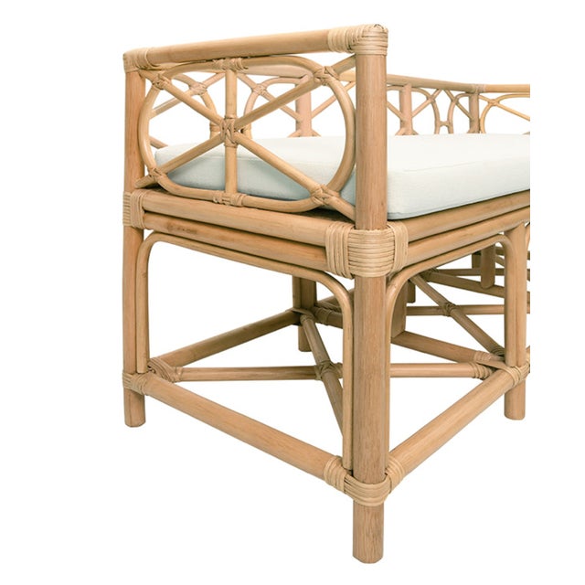 2020s Matthew Izzo Home Ferguson Natural Rattan Bench With Ivory Performance Linen Seat Cushion For Sale - Image 5 of 6