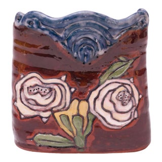 Midcentury Studio Terracotta Floral Vase Signed For Sale
