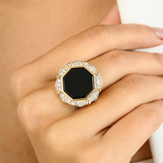 4.5CTW Black Onyx Diamond Adjustable Cocktail Ring in 14K Solid Yellow Gold Ring featuring natural black onyx of 4.5...