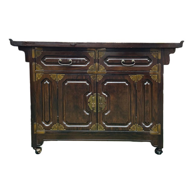 Dark Brown Vintage Point Edge Characters Engraved Top Credenza Cabinet For Sale