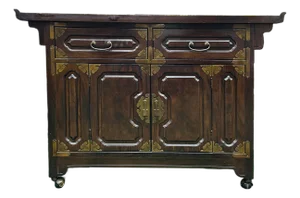 Dark Brown Vintage Point Edge Characters Engraved Top Credenza Cabinet