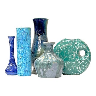 Mid 20th Century Artisanal Blue / Green Pottery Vase Curation - Group of 5 For Sale