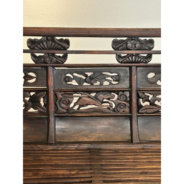 Brown Large Antique 66.125”l Shanxi Carved Wood Bench For Sale - Image 8 of 13