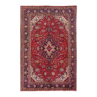 1960s Vintage Persian Tabriz Handmade Medallion Red Wool Rug For Sale