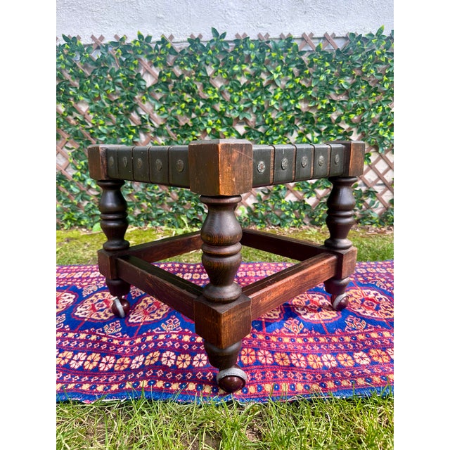 Vintage Spanish Revival Woven Leather Strap Rolling Footstool For Sale - Image 9 of 13