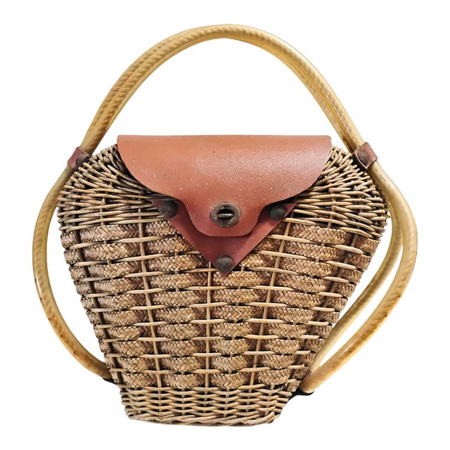 Ooak Mid-Century 1960s Woven Wicker Creel Basket With Leather Flap Tubular Handles For Sale