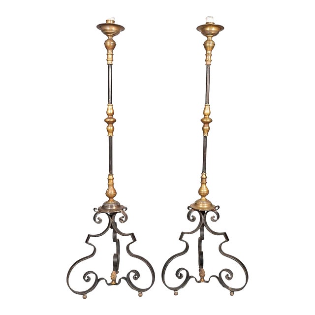 Pair of Wrought Iron and Bronze Torcheres For Sale