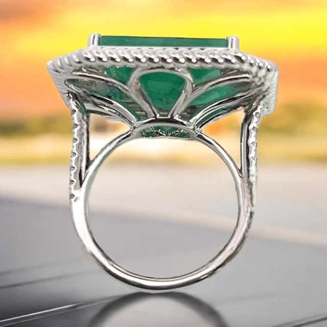 Natural Emerald Diamond Ring Size 6.25 14k W Gold 13.14 TCW Certified For Sale - Image 14 of 18