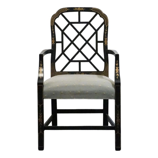 Kindel Furniture Black & Gold Chinese Chippendale Style Lattice Back Dining Arm Chair For Sale