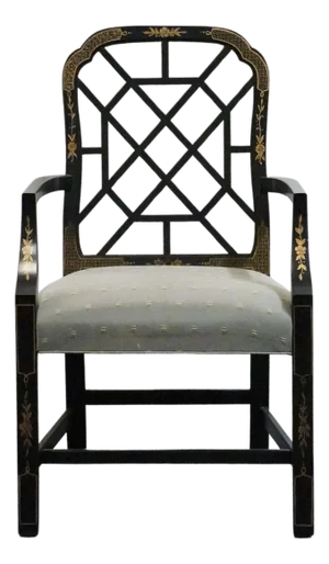 Kindel Furniture Black & Gold Chinese Chippendale Style Lattice Back Dining Arm Chair