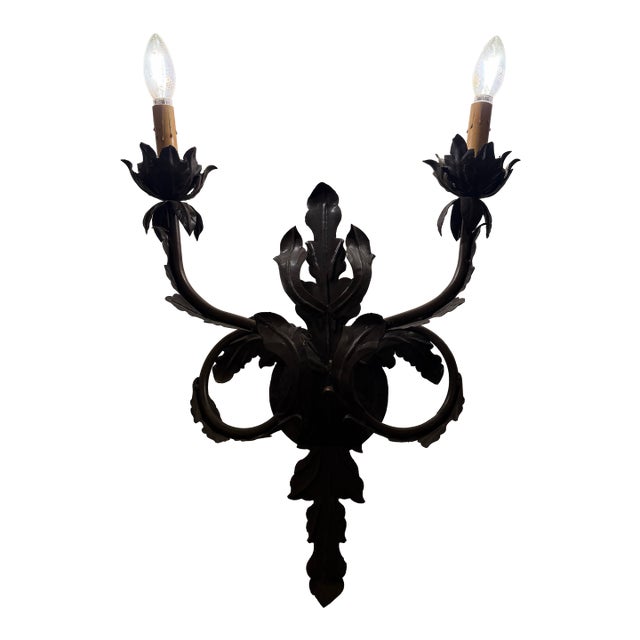 1990s 2 Light Iron Leaf Motif Sconce For Sale