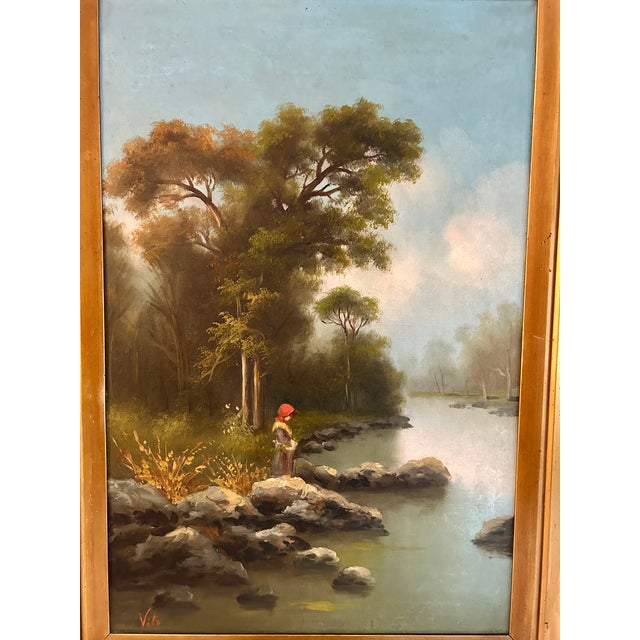 Pair of Antique 19th Century Continental Vertical Landscape Paintings For Sale - Image 4 of 15