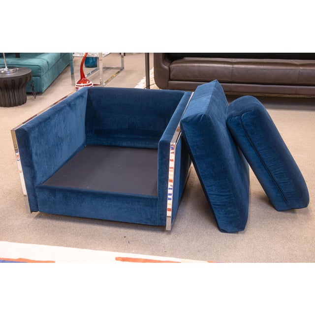 Chrome Pair of Milo Baughman Blue Velvet and Flat Bar Chrome Cube Club Chairs For Sale - Image 8 of 10