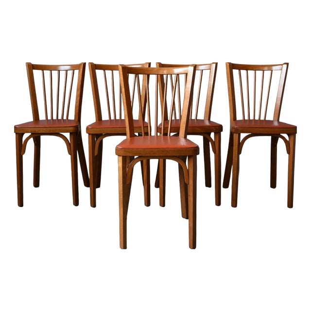 Bohemian Bistro Chairs with Spindles and Havana Orange Imitation Leather from Baumann, 1960s, Set of 5 For Sale