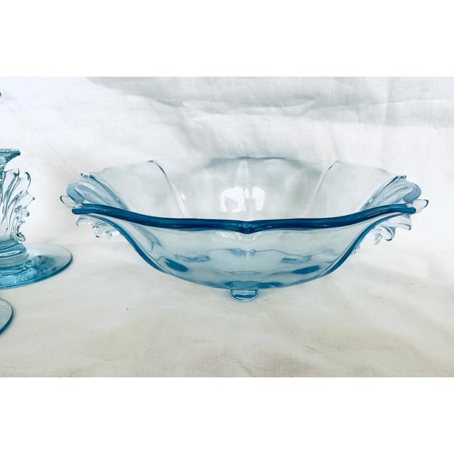 1930s Fostoria "Baroque Blue" Bowl W/Matching Candle Holders-Set of 3 For Sale - Image 5 of 9