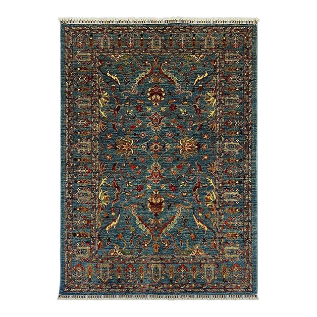 Blue Sultani Chobi Hand-Knotted Natural Dye Wool Rug - 4'11" X 6'10" For Sale