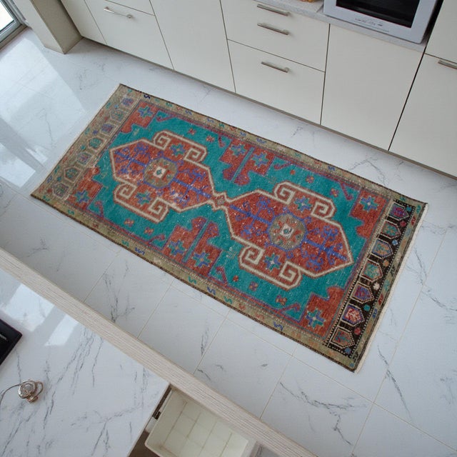 Rustic Vintage Small Rug Runner Hand Made Mat Turkish Rug Enrty Decor Bath Mat- 1′8″ × 3′6″ For Sale - Image 3 of 13