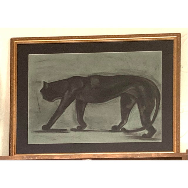 Original Signed Charcoal Drawing of Black Cat in Gold Vintage Frame With Beautiful Matting. For Sale - Image 9 of 9