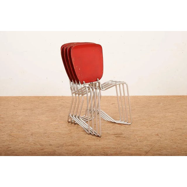 Alu Flex Chair Set in Aluminum Frame, Red Plywood Seat and Back by Armin Wirth for Aluflex, 1951, Set of 4, in Worn...