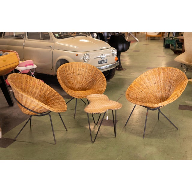 Rattan Salon Table and Chairs by Raoul Guys, 1950, Set of 4 For Sale - Image 3 of 12