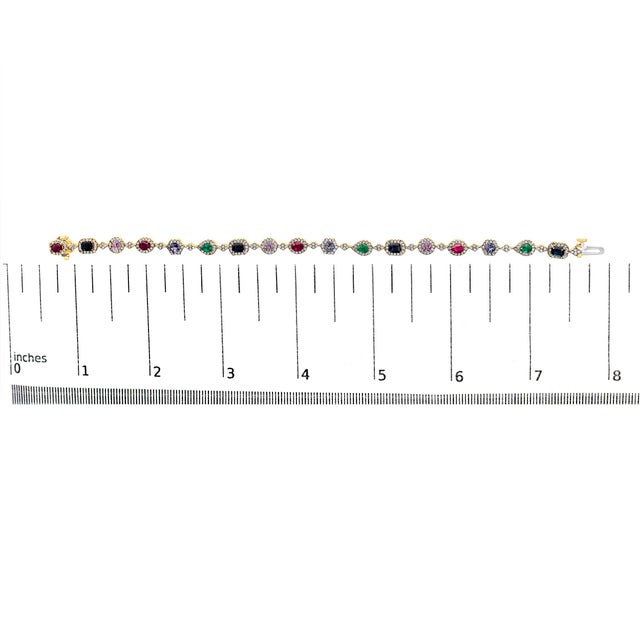 Early 21st Century 14K Yellow Gold Multi-Gemstone and Diamond Halo Rainbow Link Bracelet For Sale - Image 5 of 5