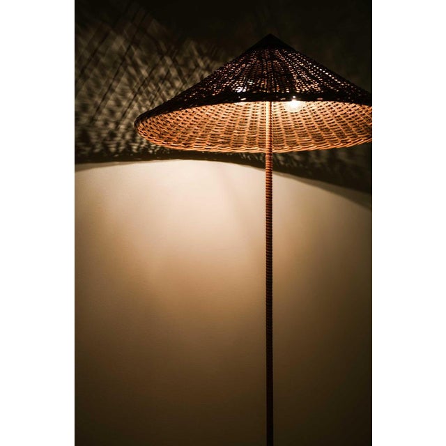 Wood Brass and Cane Floor Lamp by Paavo Tynell for Taito Oy, 1950s For Sale - Image 7 of 10