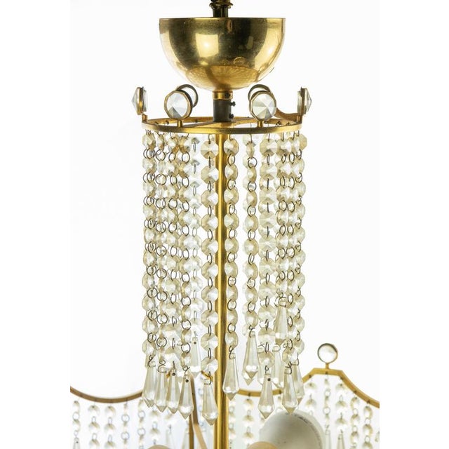 Vintage Gilded Brass and Crystal Drops 6-Light Chandelier, Italy, 1970s For Sale - Image 3 of 5