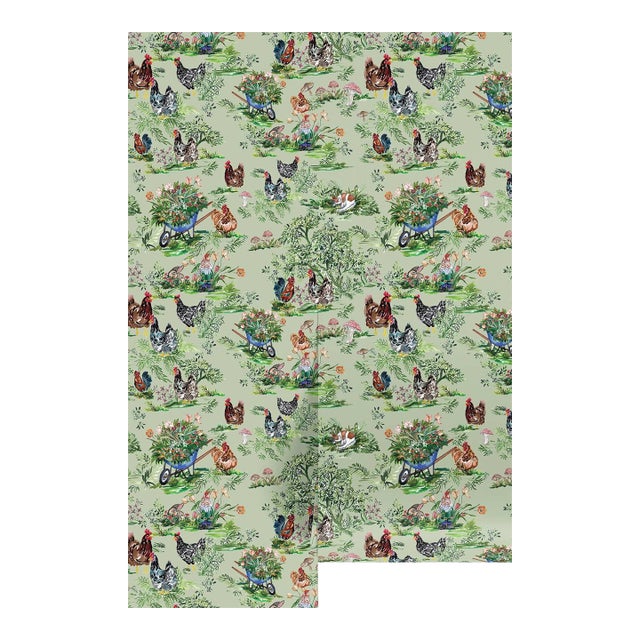 Cluckingham Farm Toile Grasscloth Wallpaper by House Party | Green Grass | 8 Yards For Sale