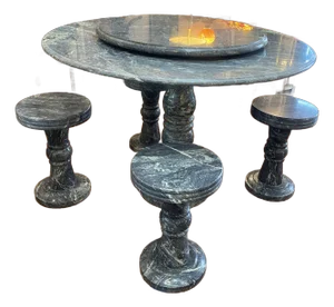 1950s Mid Century Modern Marble Pedestal Table With Lazy Susan& Four Rotating Stools - Set of 5