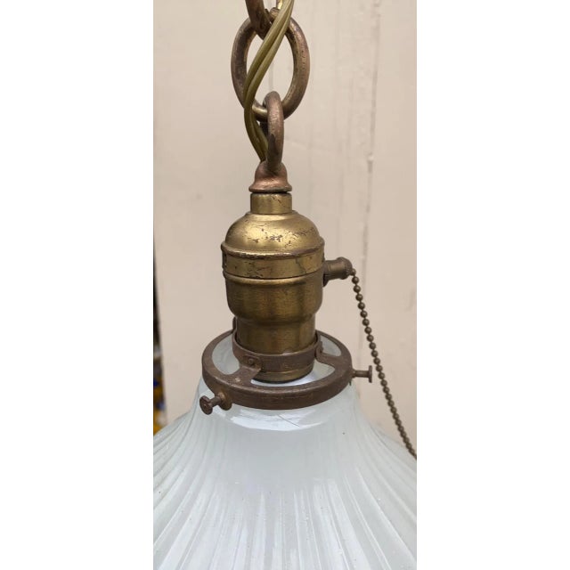 American Vintage 1920s Brass Hanging Fixture With Vintage Clam Broth Shade For Sale - Image 3 of 6