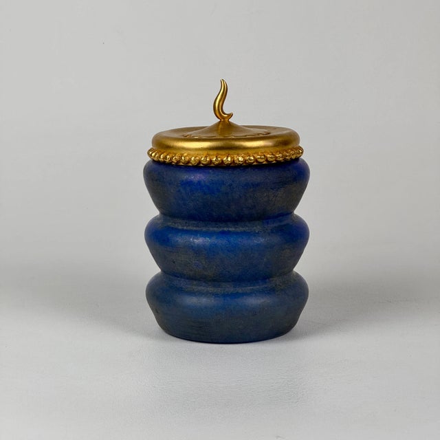 Glass Vintage Italian Vetri Soffiati Blue Art Glass Canister With Gilded Metal Lid by CX Design For Sale - Image 7 of 10