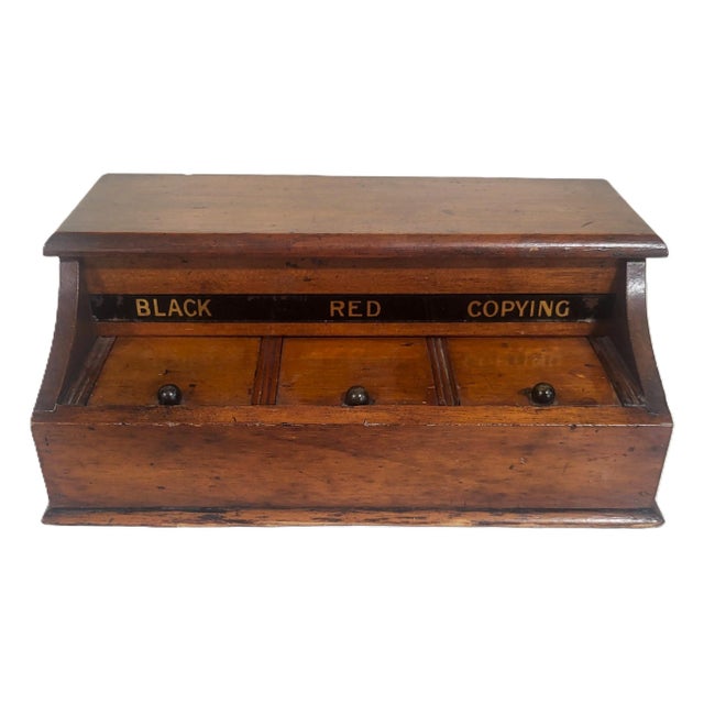 Brown English 19th C Mahogany & Reverse Painted Glass 3 Jar Desk Inkwell For Sale - Image 8 of 16