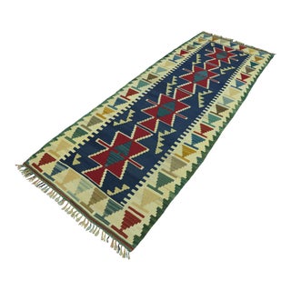 1960s Turkish Vintage Handmade Navy Blue Handmade Oushak Kilim Runner Rug For Sale