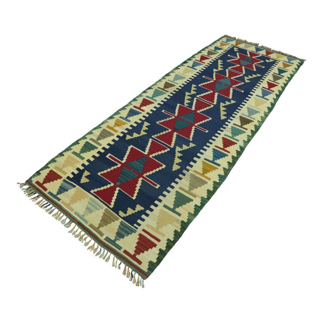 1960s Turkish Vintage Handmade Navy Blue Handmade Oushak Kilim Runner Rug For Sale