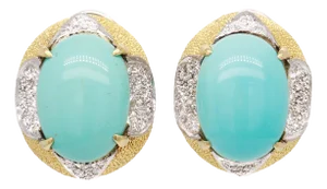 Mid-Century 18k Yellow Gold, Turquoise Cabochon, and Diamond Clip Earrings