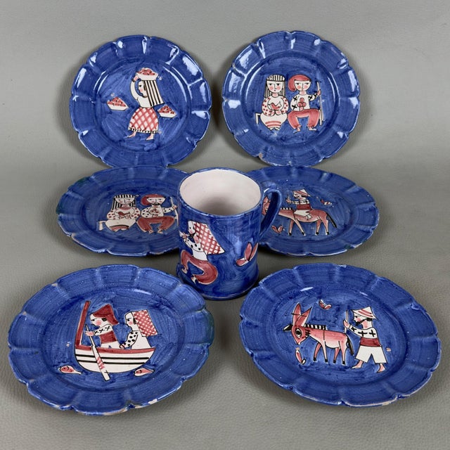 Saucers and Cup in Painted Ceramic, Set of 7 For Sale - Image 11 of 11