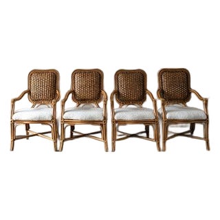 Rare Set of Four Vintage Padma’s Plantation Armchairs Woven Rattan, Sherpa Upholstery For Sale