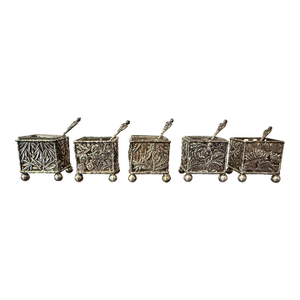 Set of 5 Ornate Chinese Export Silver Salt Cellars With Liners & Spoons by Wang Hing, Circa 1890