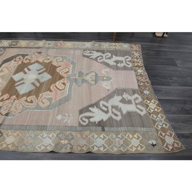 1970s Vintage Handmade Wool Cotton Brown Kilim Area Rug For Sale - Image 4 of 11