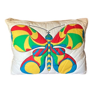 Mid-Century Modern Rectangular Accent Pillow With Quilted Mod Graphic Butterfly Design Circa 1970 For Sale